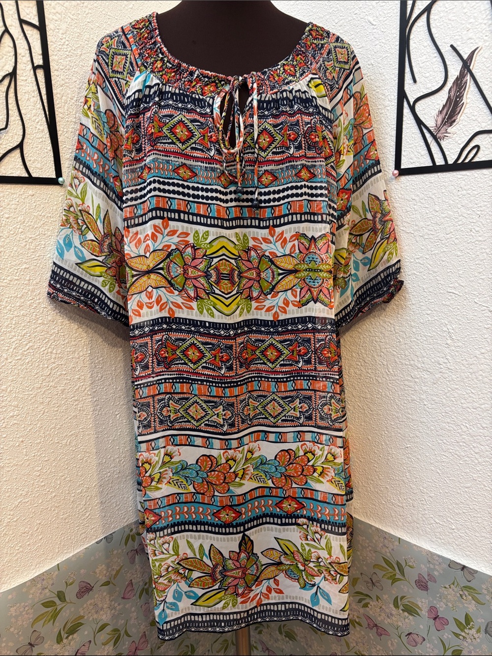 California Vintage boho floral stripe multicolor peasant dress. Size 14.